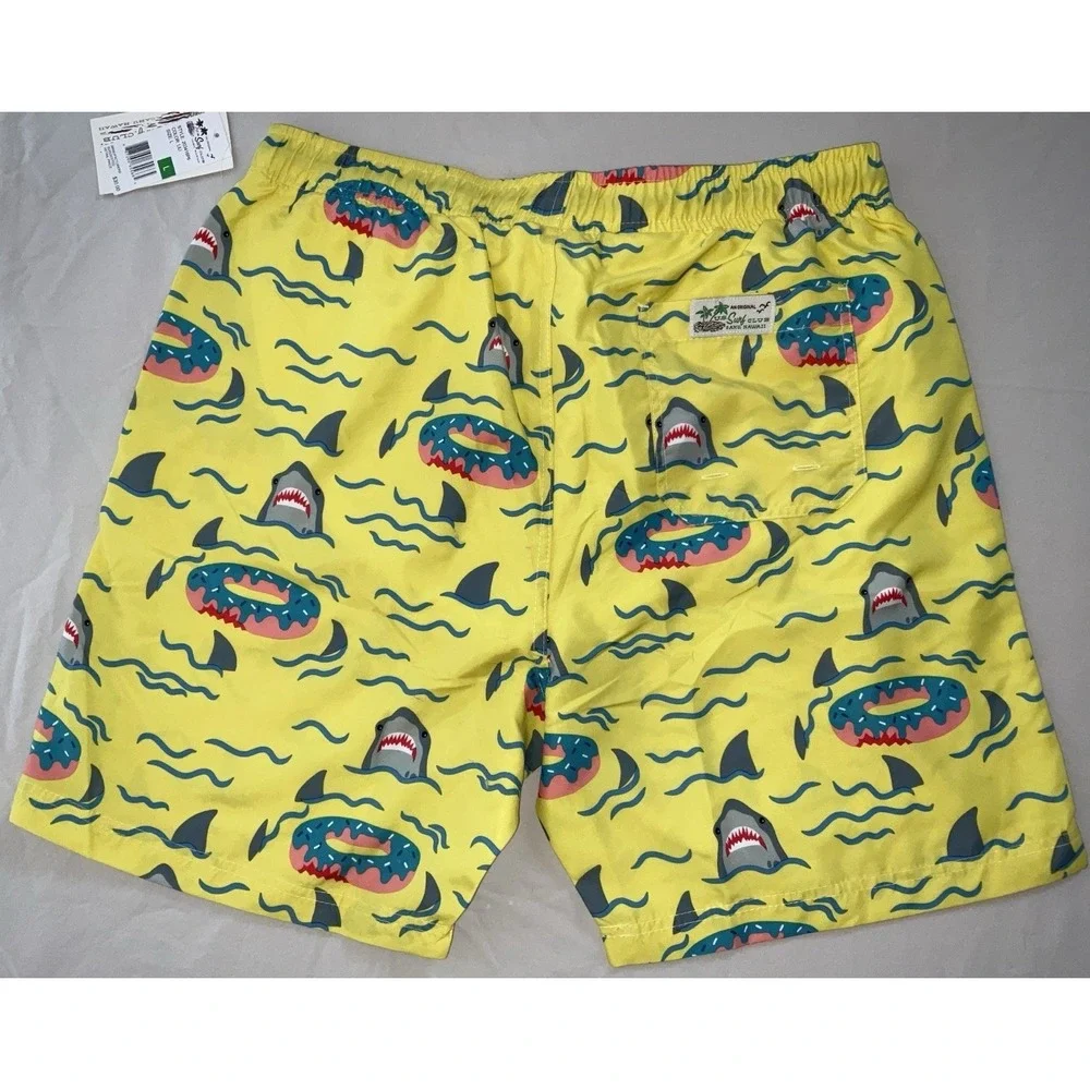 NWT Men's U.S. Surf Club Oahu, Hawaii Shark Donut Floaty Yellow Swim Trunks‎ - L